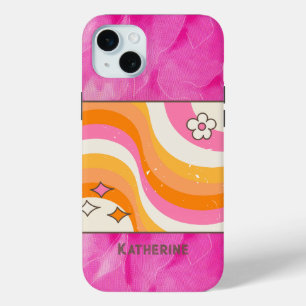 Gepersonaliseerde Retro Hot Roze & Sinaasappel iPhone 15 Mini Hoesje
