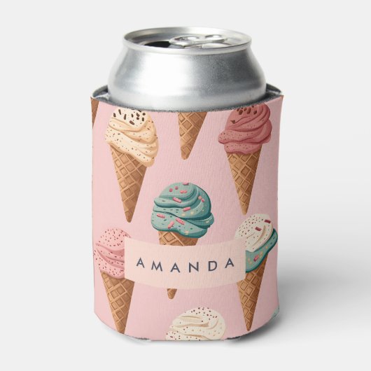 Gepersonaliseerde Retro Ice Cream Cone Pattern Blikjeskoeler (Blikje Voorkant)