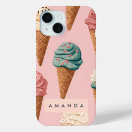 Gepersonaliseerde Retro  Ice Cream Cone Pattern iPhone 15 Case
