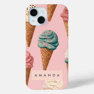 Gepersonaliseerde Retro  Ice Cream Cone Pattern iPhone 15 Case