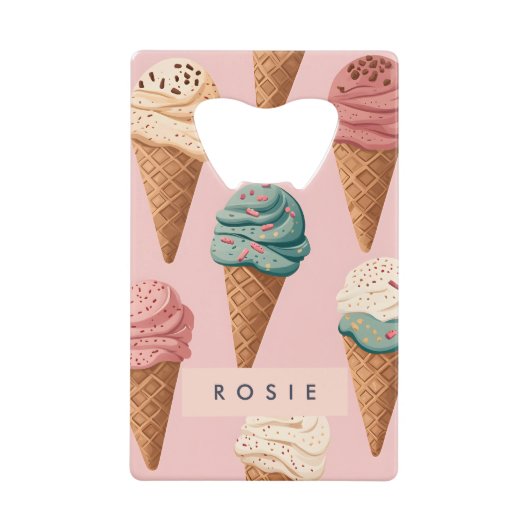 Gepersonaliseerde Retro Ice Cream Cone Pattern Creditkaart Flessenopener (Voorkant)