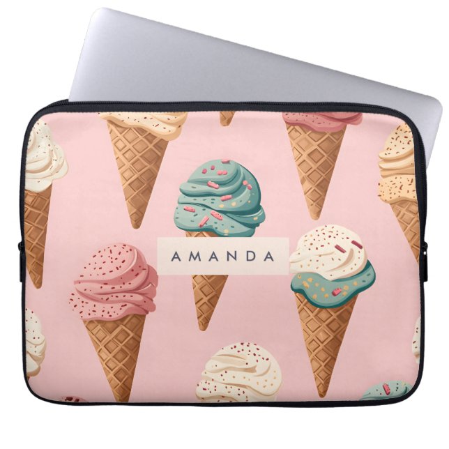 Gepersonaliseerde Retro  Ice Cream Cone Pattern Laptop Sleeve (Voorkant)