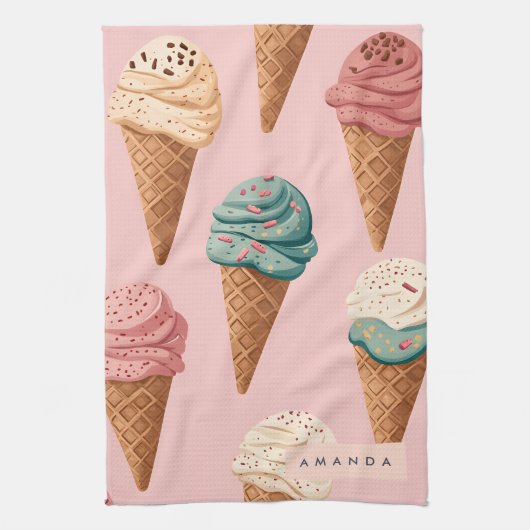 Gepersonaliseerde Retro  Ice Cream Cone Pattern Theedoek (Verticaal)
