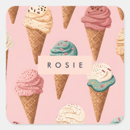 Gepersonaliseerde Retro  Ice Cream Cone Pattern Vierkante Sticker