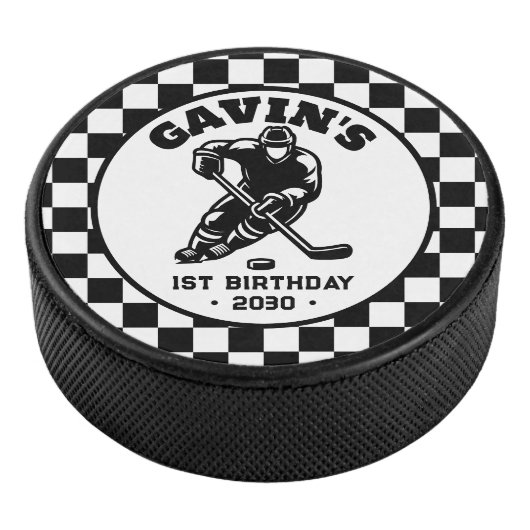 Gepersonaliseerde retro ijshockey verjaardagsfeest hockey puck (3/4)