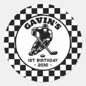 Gepersonaliseerde retro ijshockey verjaardagsfeest ronde sticker (Voorkant)