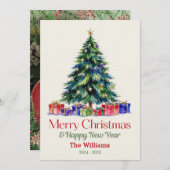 Gepersonaliseerde retro kerstboom & geschenken feestdagenkaart (Voorkant / Achterkant)