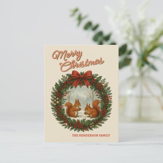 Gepersonaliseerde retro krans met Schattigee eekho Feestdagenkaart (Staand voorkant)