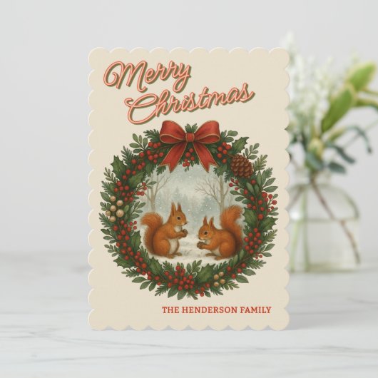 Gepersonaliseerde retro krans met Schattigee eekho Feestdagenkaart (Staand voorkant)