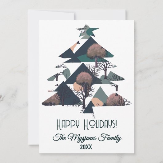 Gepersonaliseerde Retro Minimalistische Bomen en V Feestdagenkaart (Voorkant)