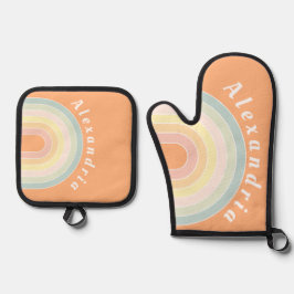 Gepersonaliseerde Retro Rainbow Pastel Ovenwant & Pannenlap Set
