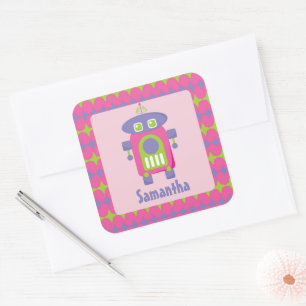 Gepersonaliseerde Retro Roze, Paarse en Groene Rob Vierkante Sticker