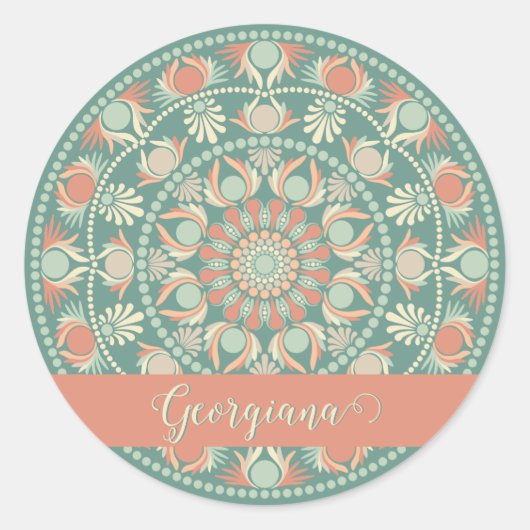 Gepersonaliseerde  Retro Sage en Sand Mandala Ronde Sticker (Voorkant)