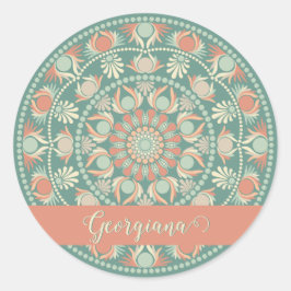 Gepersonaliseerde  Retro Sage en Sand Mandala Ronde Sticker