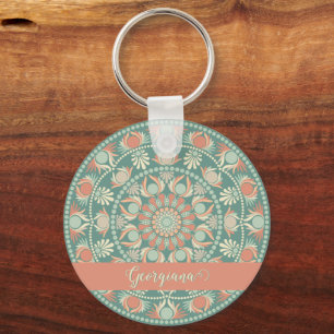 Gepersonaliseerde Retro Sage en Sand Mandala Sleutelhanger