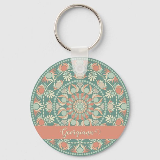 Gepersonaliseerde  Retro Sage en Sand Mandala Sleutelhanger (Achterkant)