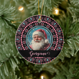 Gepersonaliseerde Retro Santa Pinkmas Floral Manda Keramisch Ornament