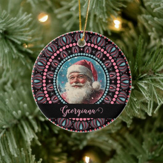 Gepersonaliseerde Retro Santa Pinkmas Floral Manda Keramisch Ornament (Boom)