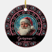 Gepersonaliseerde Retro Santa Pinkmas Floral Manda Keramisch Ornament (Achterkant)