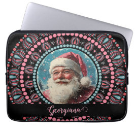 Gepersonaliseerde Retro Santa Pinkmas Floral Manda Laptop Sleeve