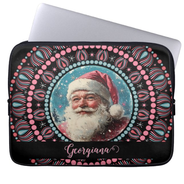 Gepersonaliseerde Retro Santa Pinkmas Floral Manda Laptop Sleeve (Voorkant)
