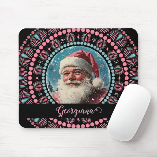 Gepersonaliseerde Retro Santa Pinkmas Floral Manda Muismat (Met muis)