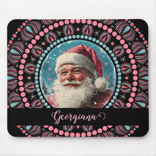 Gepersonaliseerde Retro Santa Pinkmas Floral Manda Muismat (Voorkant)