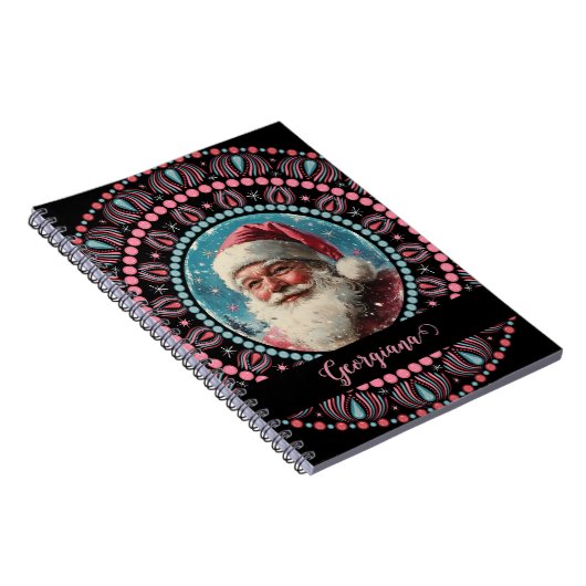 Gepersonaliseerde Retro Santa Pinkmas Floral Manda Notitieboek (Rechterzijde)