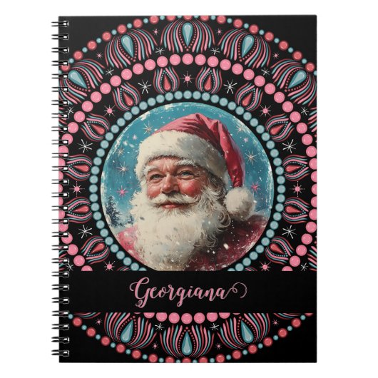 Gepersonaliseerde Retro Santa Pinkmas Floral Manda Notitieboek (Voorkant)
