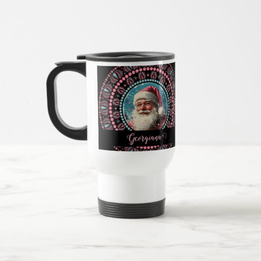 Gepersonaliseerde Retro Santa Pinkmas Floral Manda Reisbeker (Links)