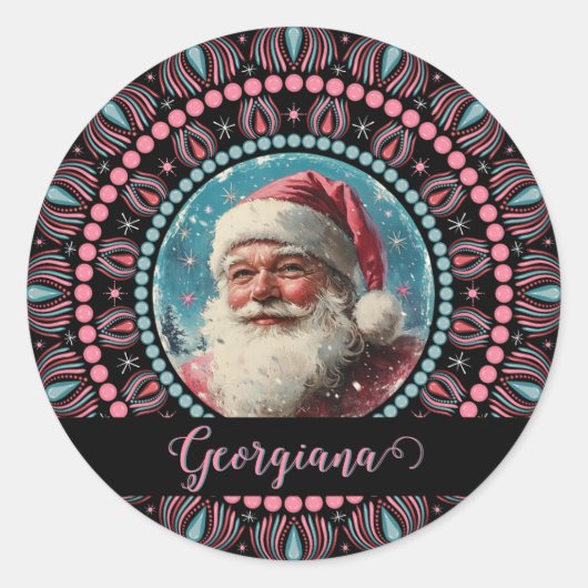 Gepersonaliseerde Retro Santa Pinkmas Floral Manda Ronde Sticker (Voorkant)