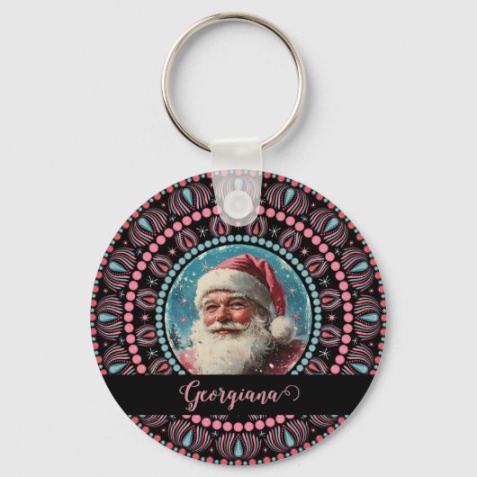 Gepersonaliseerde Retro Santa Pinkmas Floral Manda Sleutelhanger (Voorkant)