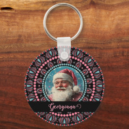 Gepersonaliseerde Retro Santa Pinkmas Floral Manda Sleutelhanger