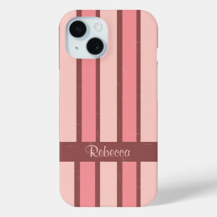 Gepersonaliseerde retro snoep streep roze op bruin iPhone 15 case