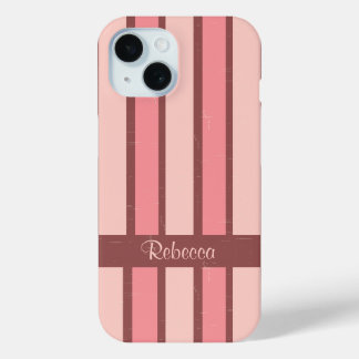 Gepersonaliseerde retro snoep streep roze op bruin iPhone 15 case