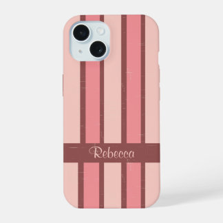 Gepersonaliseerde retro snoep streep roze op bruin iPhone 15 case