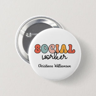 Gepersonaliseerde retro sociaal werker ronde button 5,7 cm