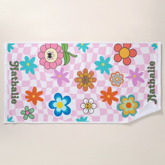 Gepersonaliseerde Retro Strandlaken | Floral Naam (Voorkant)