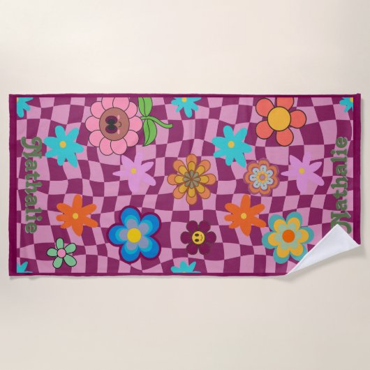 Gepersonaliseerde Retro Strandlaken | Floral Naam (Voorkant)