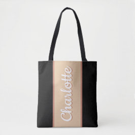 Gepersonaliseerde Retro Stripe Beige Zwart Tote Bag
