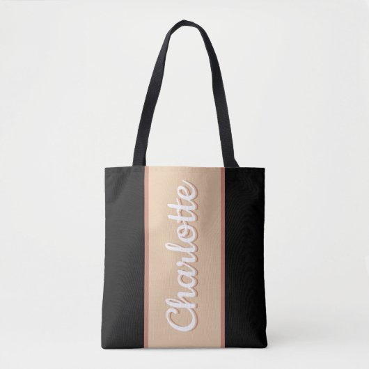 Gepersonaliseerde Retro Stripe Beige Zwart Tote Bag (Voorkant)