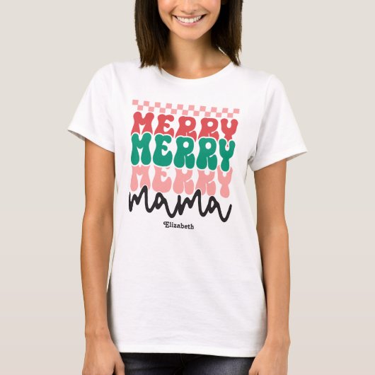 Gepersonaliseerde Retro Vakantie Vrolijk Mama Xmas T-shirt (Voorkant)