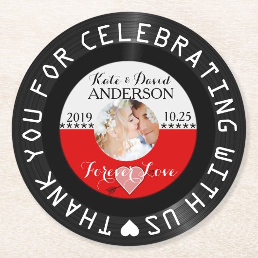 Gepersonaliseerde Retro Vinyl Record Wedding Favor Ronde Kartonnen Onderzetter (Voorkant)