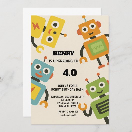 Gepersonaliseerde Robot Verjaardag Uitnodiging voo (Voorkant / Achterkant)