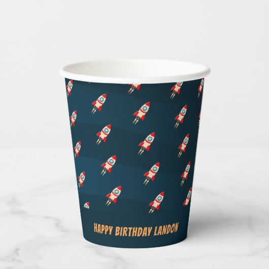 Gepersonaliseerde Rocket Ship Pattern Birthday Papieren Bekers (Achterkant)
