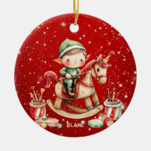 Gepersonaliseerde Rocking Horse Elf Keepsake Kinde Keramisch Ornament