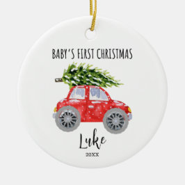 Gepersonaliseerde rode auto cirkel kerstversiering keramisch ornament