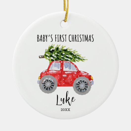 Gepersonaliseerde rode auto cirkel kerstversiering keramisch ornament (Voorkant)