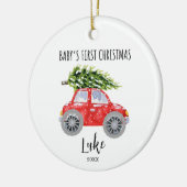 Gepersonaliseerde rode auto cirkel kerstversiering keramisch ornament (Links)