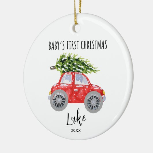 Gepersonaliseerde rode auto cirkel kerstversiering keramisch ornament (Links)